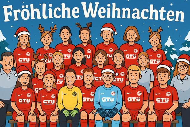 Illustration eines Fu&szlig;ballteams in roten Trikots mit Weihnachtsm&uuml;tzen, umgeben von Tannenb&auml;umen und dem Text &bdquo;Fr&ouml;hliche Weihnachten&ldquo;.