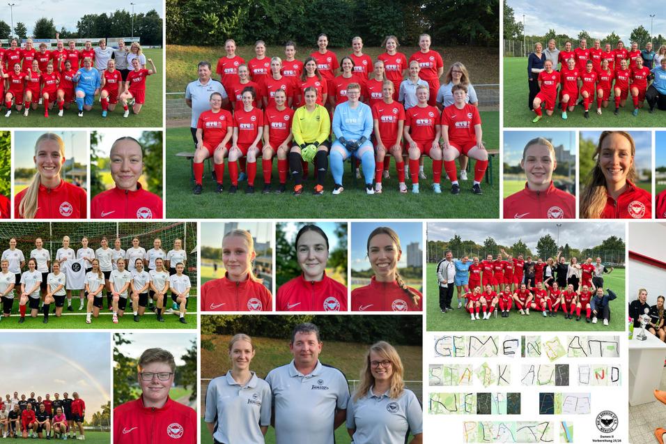 Collage von Frauenfu&szlig;ballmannschaft in roten Trikots, Gruppenfotos und Einzelportr&auml;ts auf dem Sportplatz.