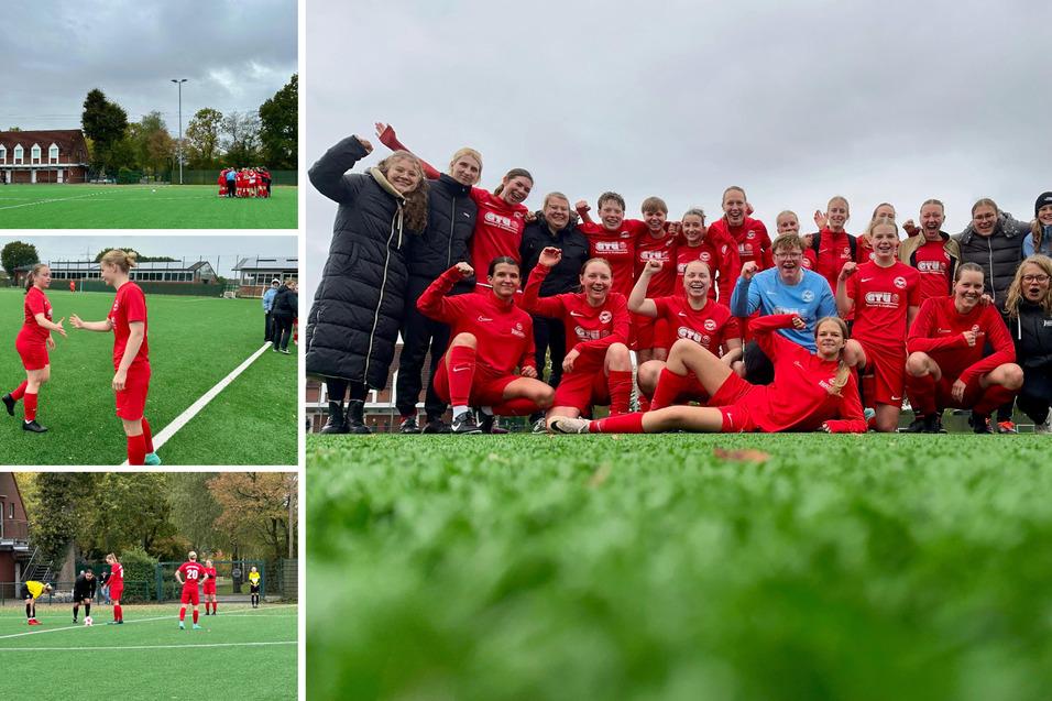 Gruppierung von Fu&szlig;ballspielerinnen in roten Trikots auf dem Feld, umgeben von Gr&uuml;nfl&auml;chen und einem Sportgeb&auml;ude im Hintergrund.