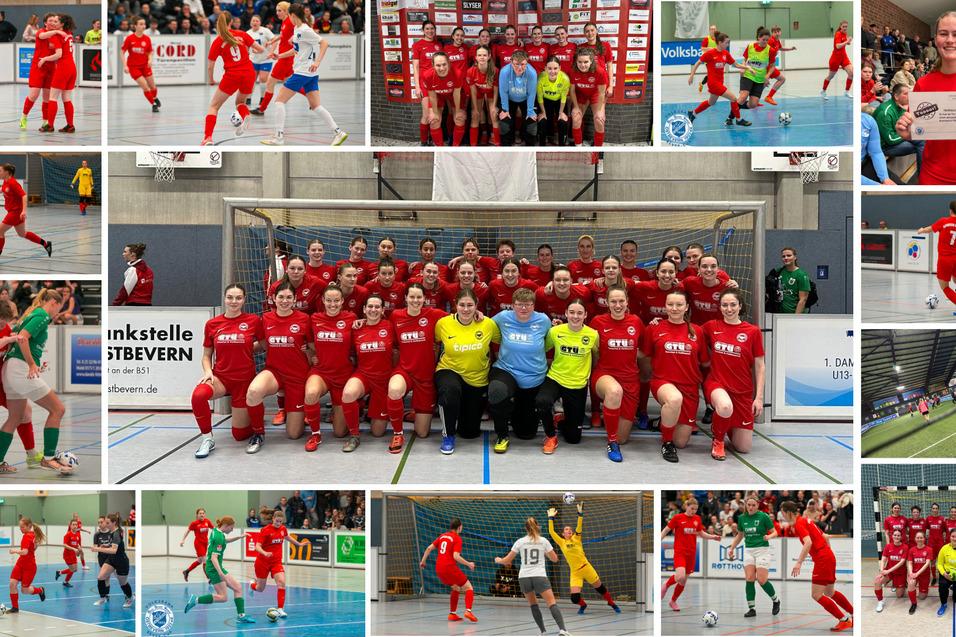 Collage mit Frauenfu&szlig;ballmannschaft in roten Trikots, Spielszene, Gruppenfoto und Auszeichnung in einer Sporthalle.