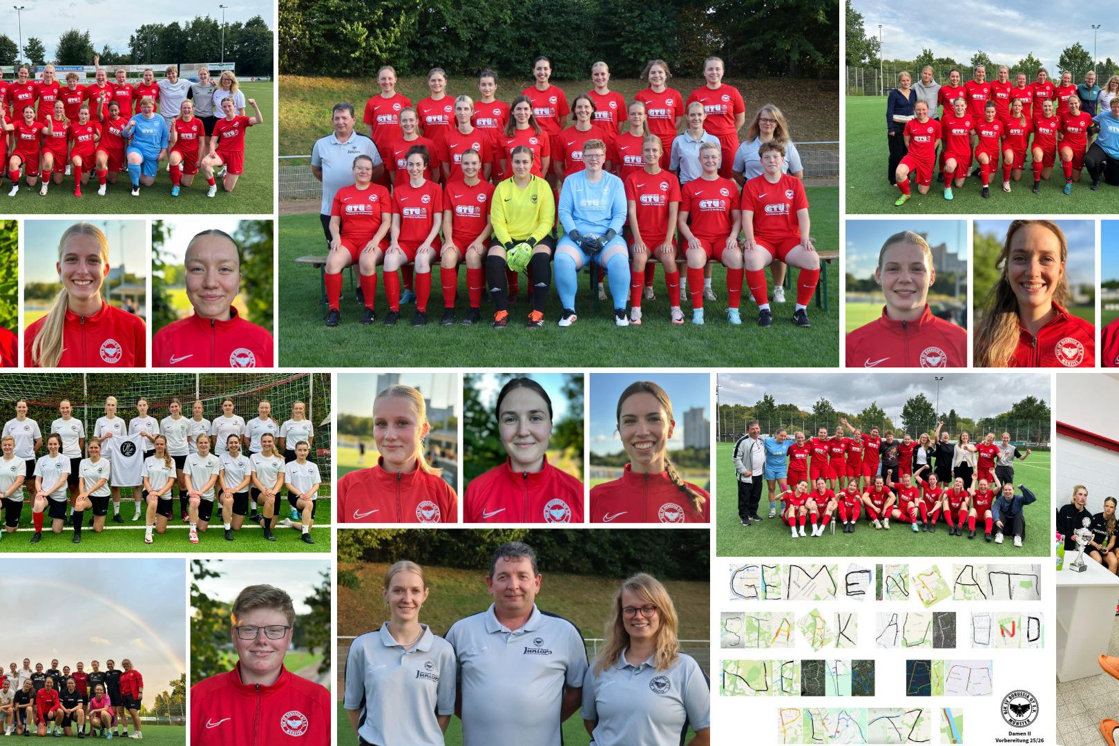 Collage von Frauenfu&szlig;ballmannschaft in roten Trikots, Gruppenfotos und Einzelportr&auml;ts auf dem Sportplatz.