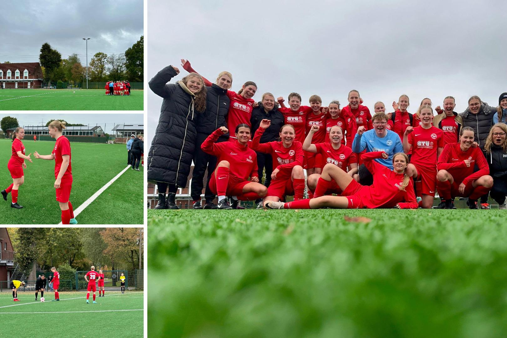 Gruppierung von Fu&szlig;ballspielerinnen in roten Trikots auf dem Feld, umgeben von Gr&uuml;nfl&auml;chen und einem Sportgeb&auml;ude im Hintergrund.