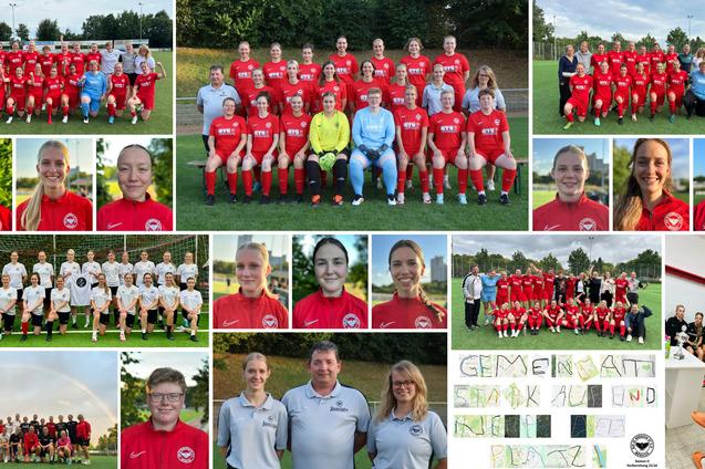 Collage von Frauenfu&szlig;ballmannschaft in roten Trikots, Gruppenfotos und Einzelportr&auml;ts auf dem Sportplatz.