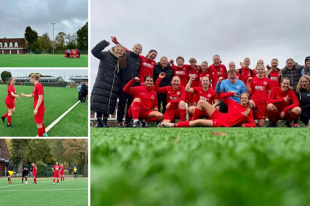 Gruppierung von Fu&szlig;ballspielerinnen in roten Trikots auf dem Feld, umgeben von Gr&uuml;nfl&auml;chen und einem Sportgeb&auml;ude im Hintergrund.