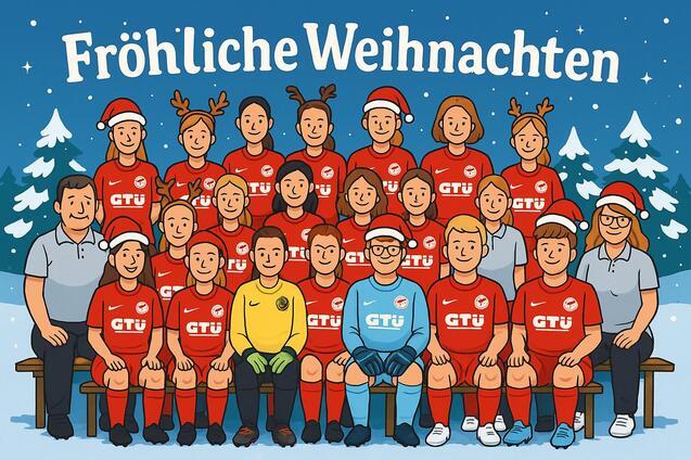 Illustration eines Fu&szlig;ballteams in roten Trikots mit Weihnachtsm&uuml;tzen, umgeben von Tannenb&auml;umen und dem Text &bdquo;Fr&ouml;hliche Weihnachten&ldquo;.