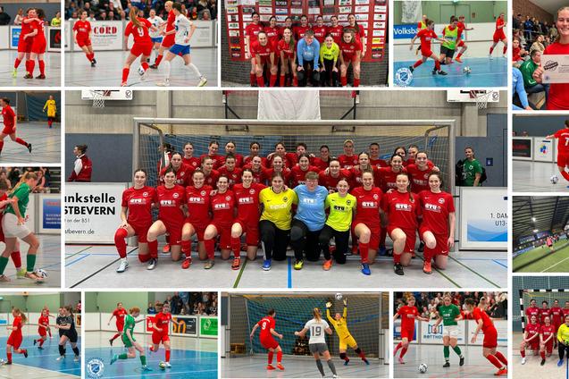 Collage mit Frauenfu&szlig;ballmannschaft in roten Trikots, Spielszene, Gruppenfoto und Auszeichnung in einer Sporthalle.