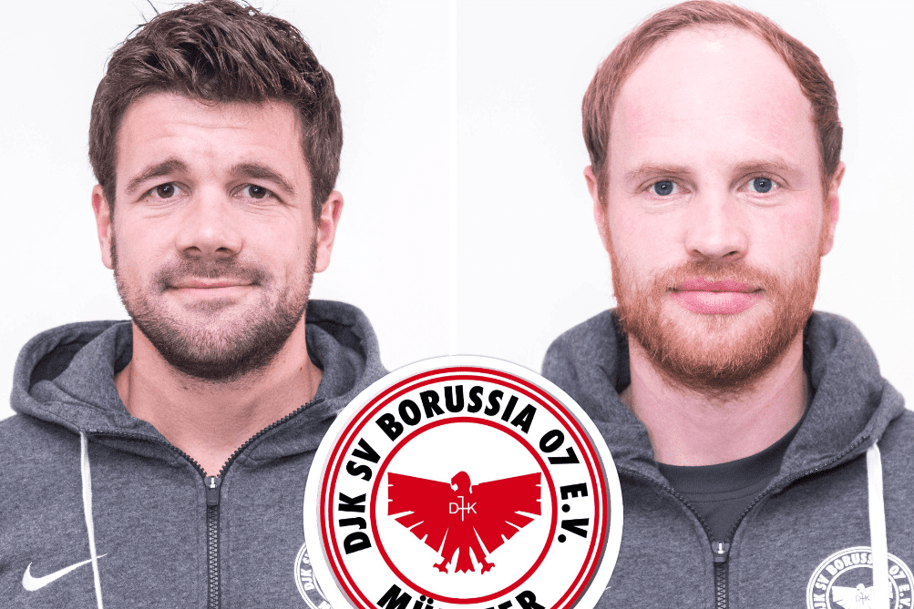 Zwei M&auml;nner in grauen Kapuzenpullis, jeder in einer Frontansicht, mit dem Logo des DJK SV Borussia M&uuml;nster in der Mitte.