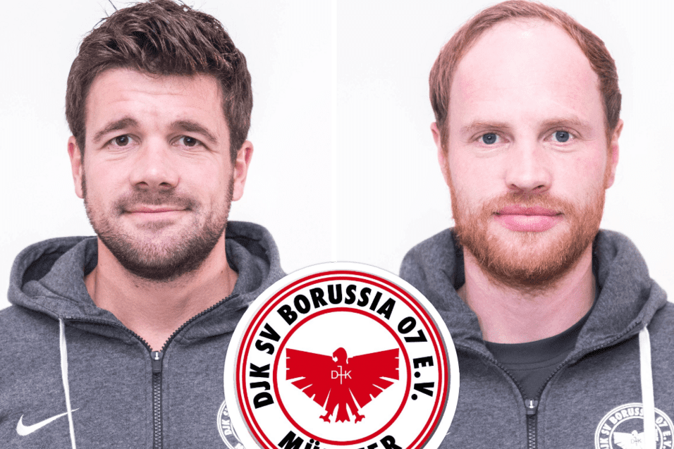 Zwei M&auml;nner in grauen Kapuzenpullis, jeder in einer Frontansicht, mit dem Logo des DJK SV Borussia M&uuml;nster in der Mitte.