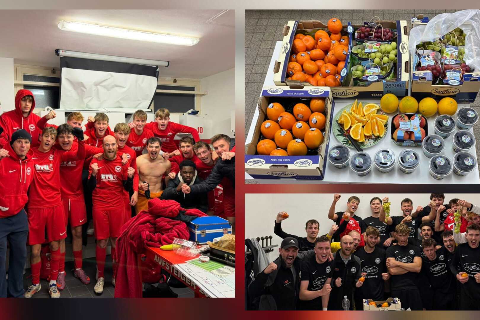 Gruppenfoto von jungen Fu&szlig;ballspielern in roten Trikots zusammen mit einer Auswahl an frischem Obst und Getr&auml;nken.