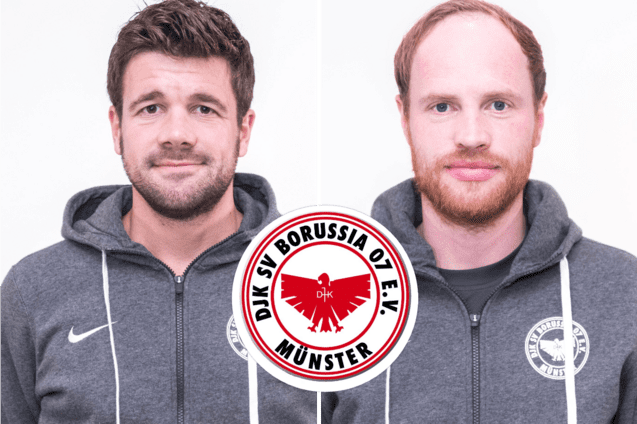 Zwei M&auml;nner in grauen Kapuzenpullis, jeder in einer Frontansicht, mit dem Logo des DJK SV Borussia M&uuml;nster in der Mitte.