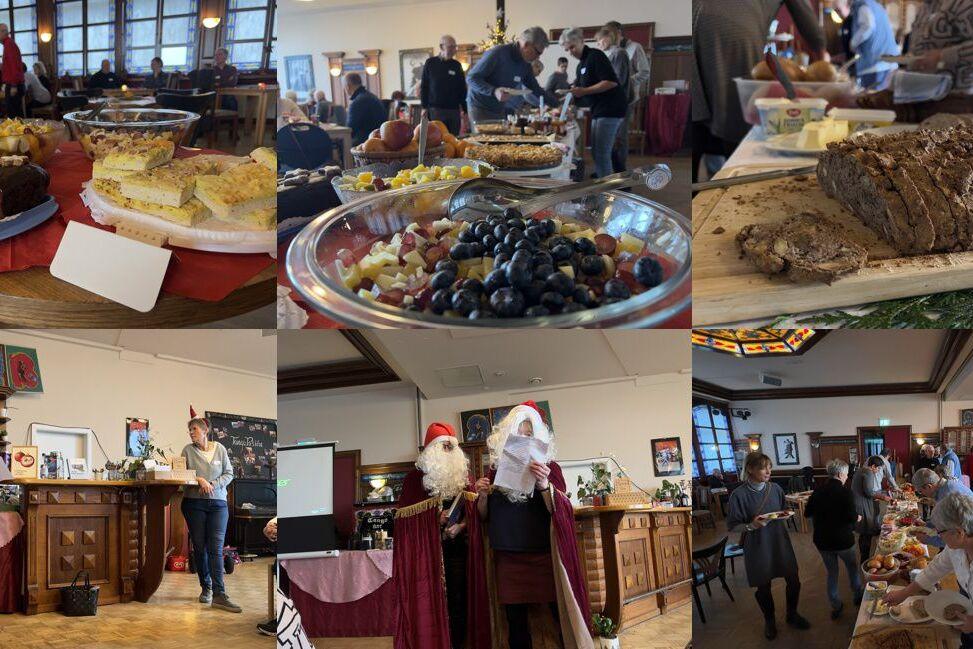 Collage einer festlichen Veranstaltung mit Buffets, G&auml;sten, Live-Vortr&auml;gen und Karnevalskost&uuml;men.