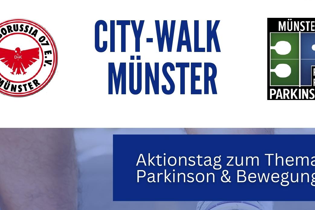 F&uuml;&szlig;e in Sportschuhen auf dem Schotterweg, Werbung f&uuml;r einen City-Walk zum Thema Parkinson im Wienburgpark M&uuml;nster.