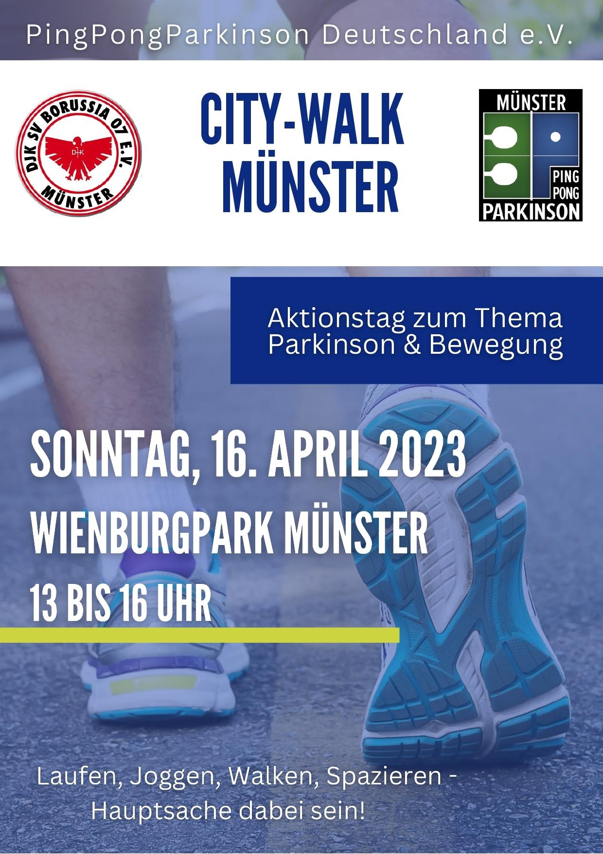 F&uuml;&szlig;e in Sportschuhen auf dem Schotterweg, Werbung f&uuml;r einen City-Walk zum Thema Parkinson im Wienburgpark M&uuml;nster.