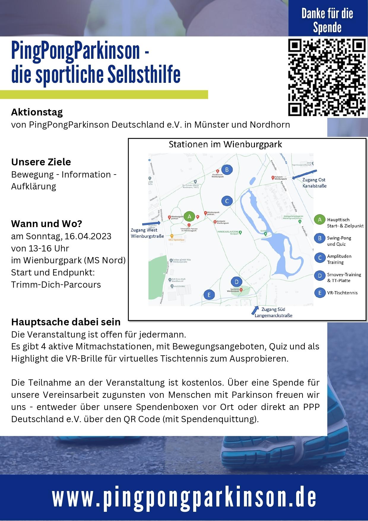 Informationsblatt zu einem Aktionstag von PingPongParkinson Deutschland e.V. im Wienburgpark mit Veranstaltungshinweisen.