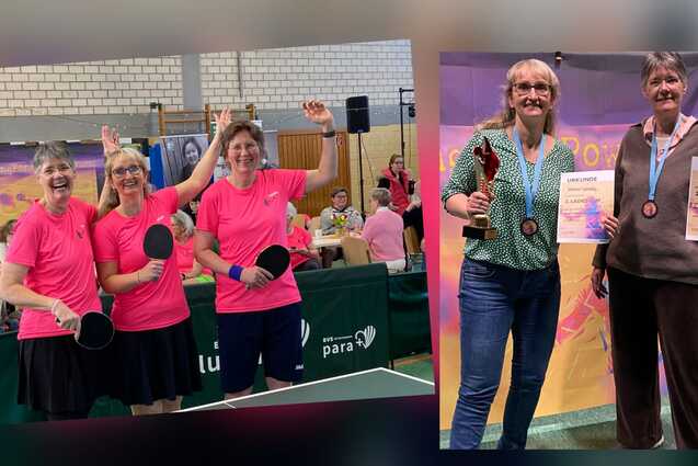Zwei Bilder einer Tischtennisveranstaltung: Frauen im pinken Shirt feiern auf der linken Seite, Gewinnerin mit Medaille rechts.