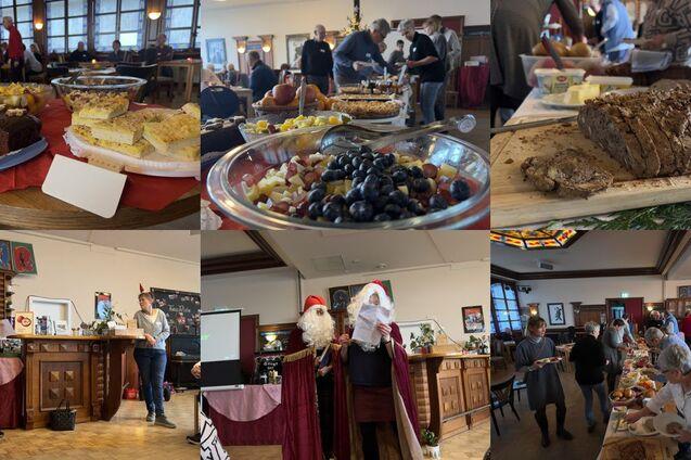 Collage einer festlichen Veranstaltung mit Buffets, G&auml;sten, Live-Vortr&auml;gen und Karnevalskost&uuml;men.
