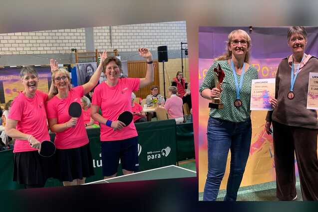 Zwei Bilder einer Tischtennisveranstaltung: Frauen im pinken Shirt feiern auf der linken Seite, Gewinnerin mit Medaille rechts.