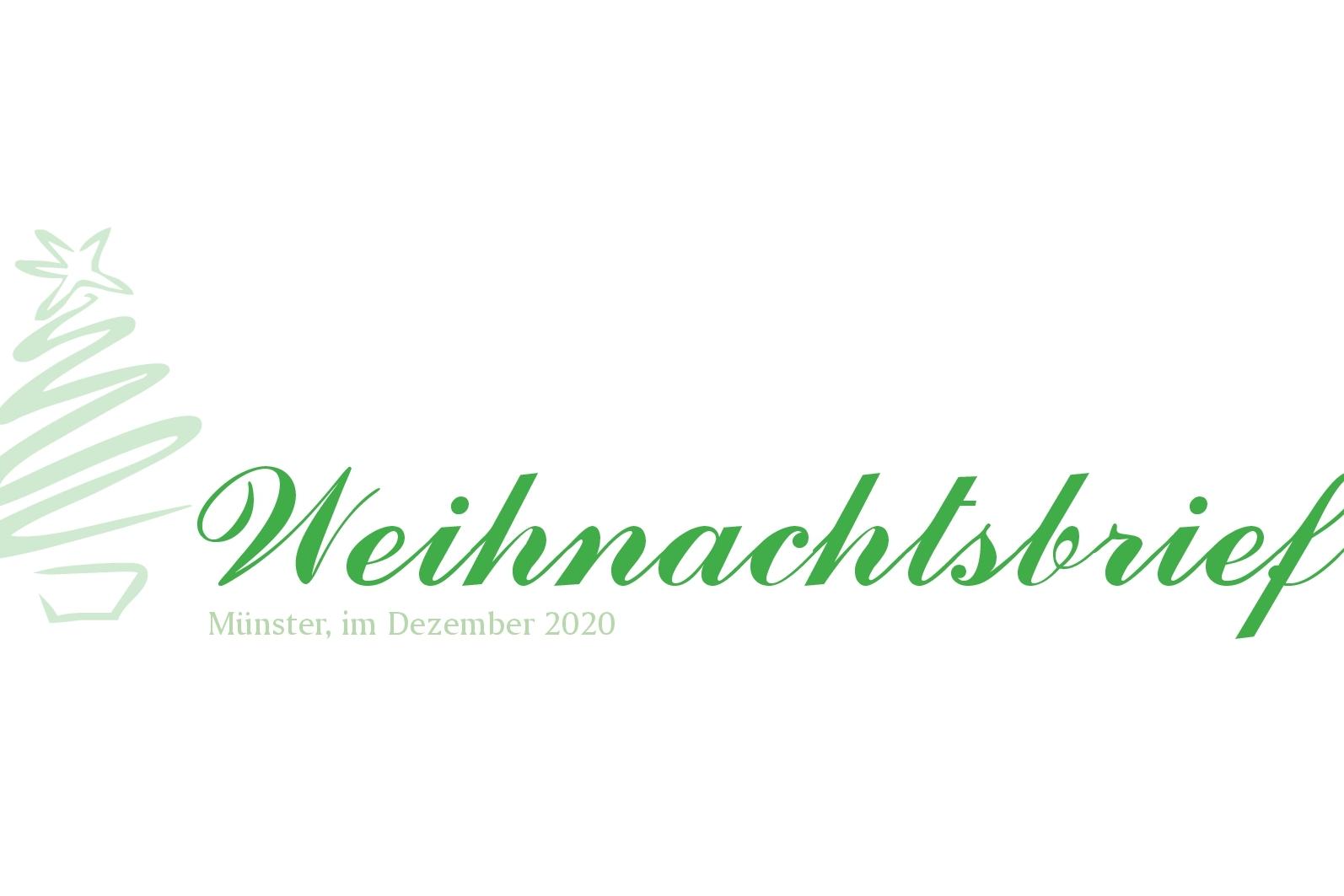 Weihnachtsbrief-Design mit gr&uuml;nem Weihnachtsbaum und geschwungener Schrift, datiert auf Dezember 2020 in M&uuml;nster.