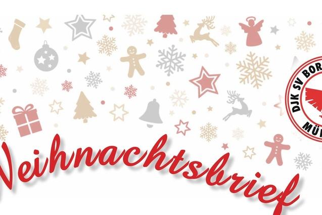 Weihnachtsbrief mit festlichen Motiven und dem Logo von Borussia M&uuml;nster, dekorative Elemente in Rot, Gold und Silber.