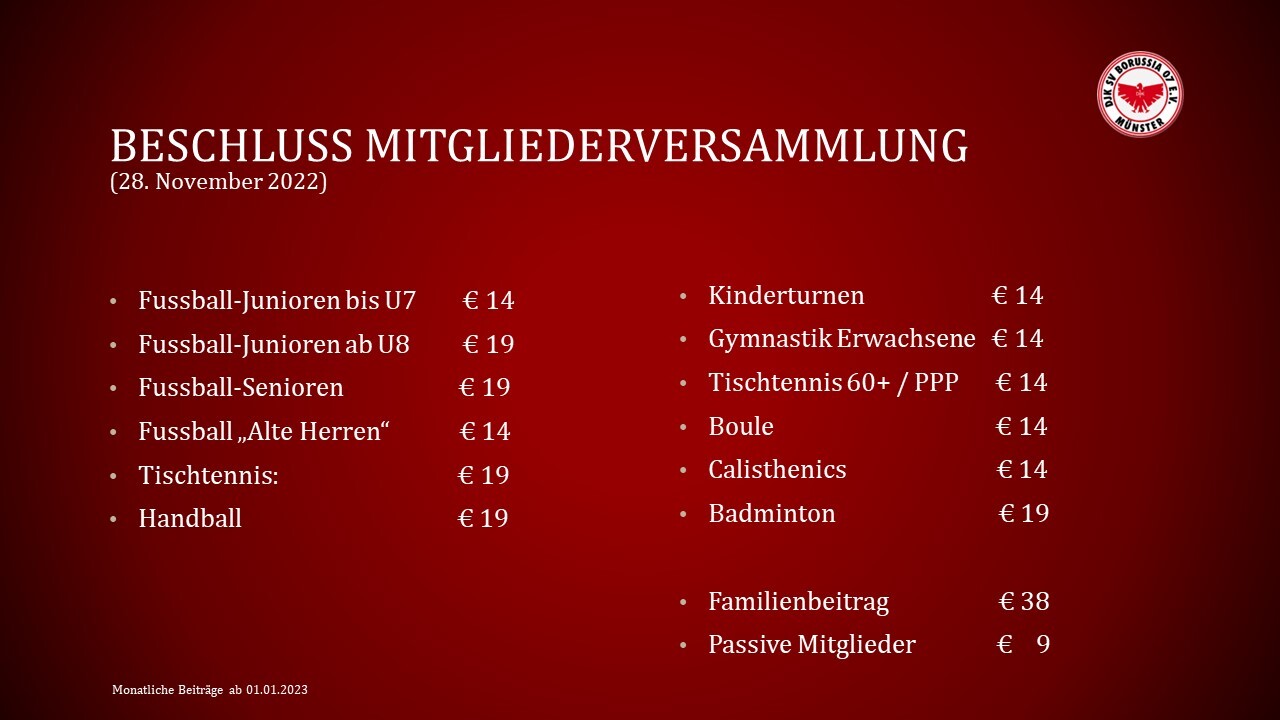 Liste von Mitgliedsbeitr&auml;gen f&uuml;r verschiedene Sportarten, pr&auml;sentiert auf rot-wei&szlig;em Hintergrund mit Vereinslogo.