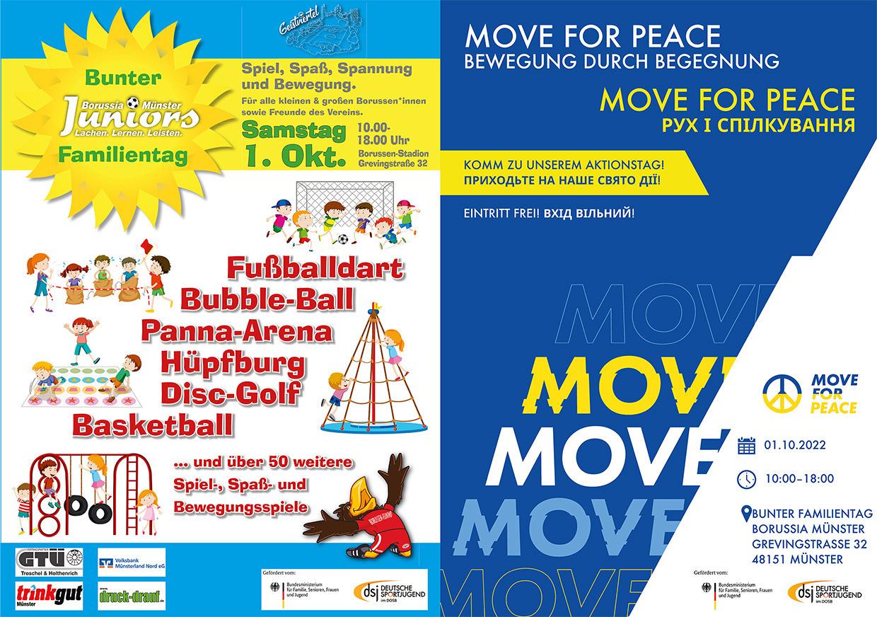 Plakat für die Veranstaltung "MOVE FOR PEACE" mit Aktivitäten wie Fußball, Basketball und Spielstationen.