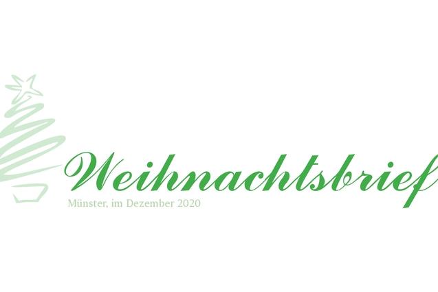 Weihnachtsbrief-Design mit gr&uuml;nem Weihnachtsbaum und geschwungener Schrift, datiert auf Dezember 2020 in M&uuml;nster.