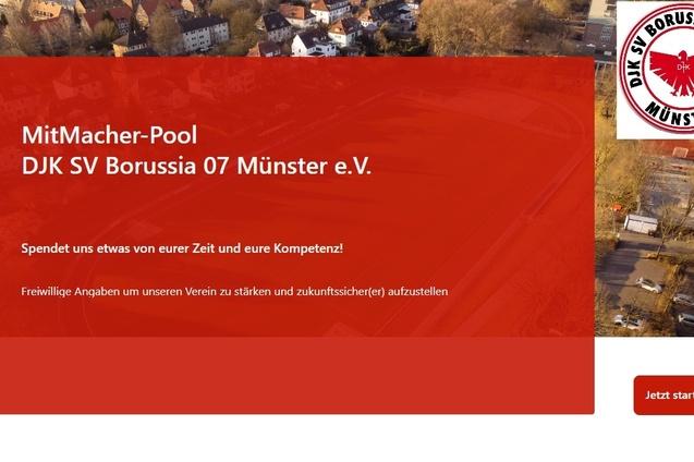 Webseite des DJK SV Borussia 07 M&uuml;nster e.V. mit Spendenaufruf und MitMach-Aktion. Rotes Layout mit Vereinslogo oben rechts.