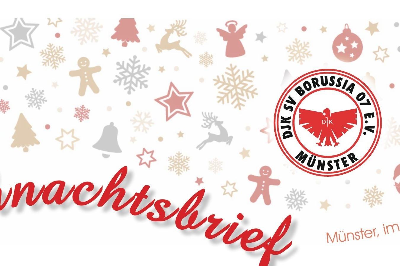 Weihnachtsbrief mit festlichen Motiven und dem Logo von Borussia M&uuml;nster, dekorative Elemente in Rot, Gold und Silber.