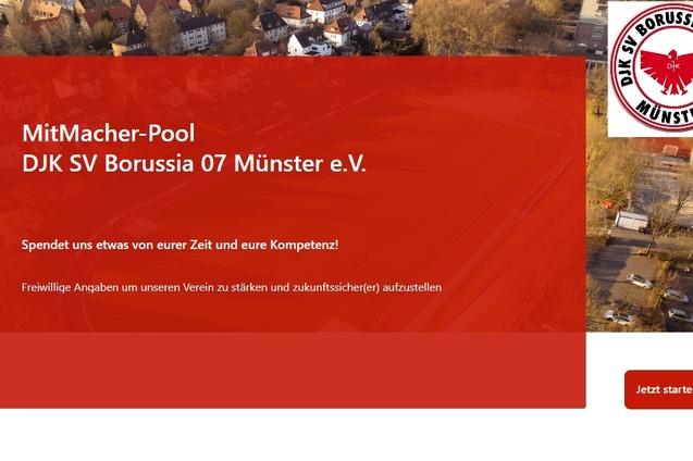 Webseite des DJK SV Borussia 07 M&uuml;nster e.V. mit Spendenaufruf und MitMach-Aktion. Rotes Layout mit Vereinslogo oben rechts.