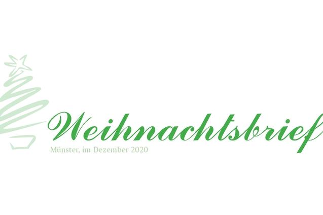 Weihnachtsbrief-Design mit gr&uuml;nem Weihnachtsbaum und geschwungener Schrift, datiert auf Dezember 2020 in M&uuml;nster.