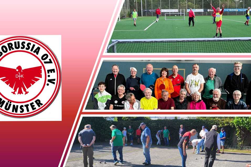 Logo des DJK SV Borussia 07 M&uuml;nster &uuml;ber Bildern von Sportveranstaltungen, Gruppenaktivit&auml;ten und Senioren beim Boule.