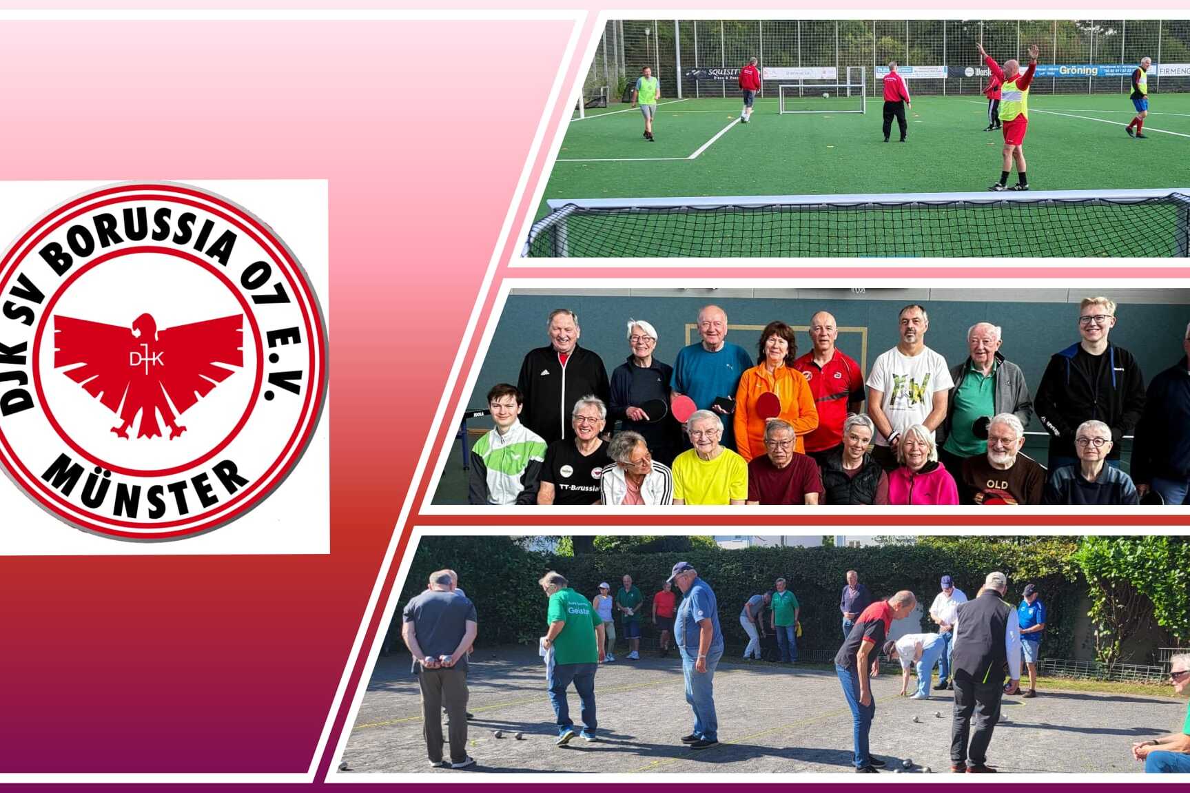 Logo des DJK SV Borussia 07 M&uuml;nster &uuml;ber Bildern von Sportveranstaltungen, Gruppenaktivit&auml;ten und Senioren beim Boule.