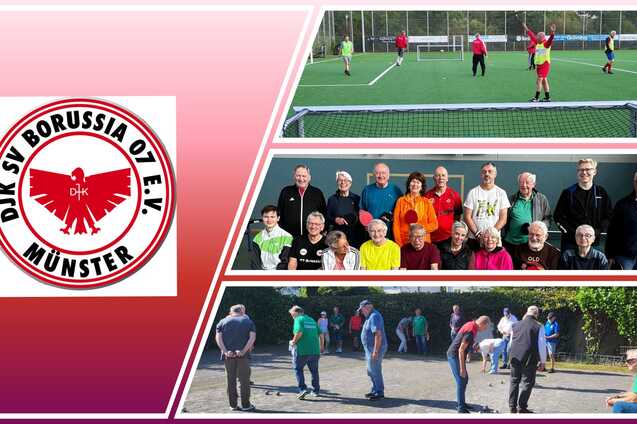Logo des DJK SV Borussia 07 M&uuml;nster &uuml;ber Bildern von Sportveranstaltungen, Gruppenaktivit&auml;ten und Senioren beim Boule.