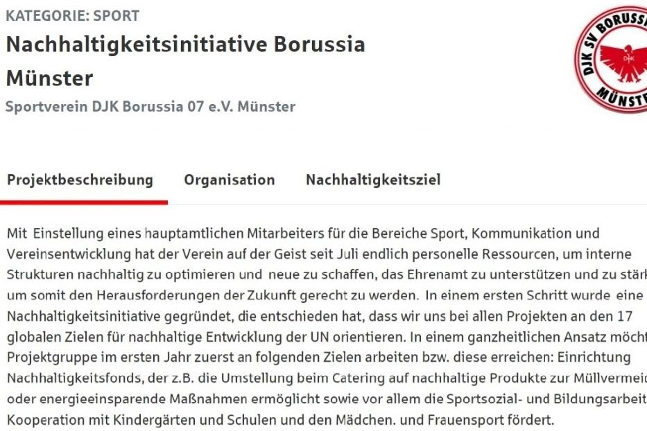 Webseite der Nachhaltigkeitsinitiative Borussia Münster mit Logo und Projektbeschreibung des Sportvereins DJK Borussia 07 e.V. Münster.
