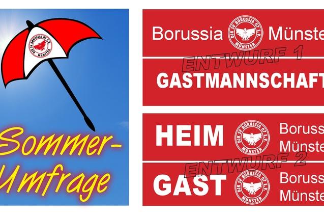 Grafik mit einem roten Regenschirm und &bdquo;Sommerumfrage&ldquo; auf blauen Hintergrund sowie drei roten Tafel-Designs f&uuml;r Borussia M&uuml;nster.