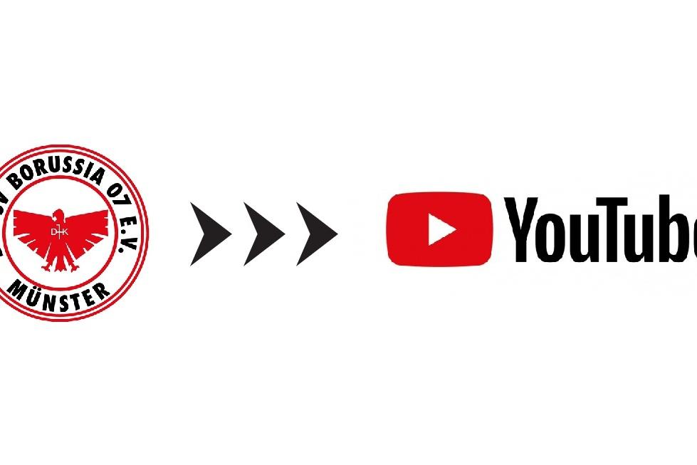 Logo des DJK SV Borussia O. d. E.V. Münster links, gefolgt von einem Pfeil zu YouTube-Logo rechts.