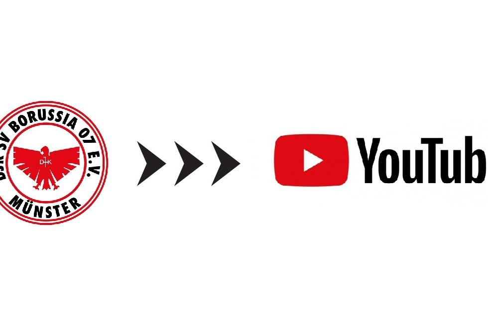 Logo des DJK SV Borussia O. d. E.V. M&uuml;nster links, gefolgt von einem Pfeil zu YouTube-Logo rechts.