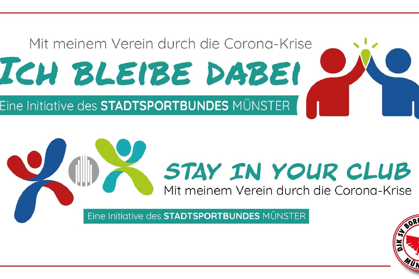 Plakat zur Initiative &bdquo;Ich bleibe dabei&ldquo; des Stadtsportbundes M&uuml;nster mit farbigen Figuren und Text in Deutsch und Englisch.