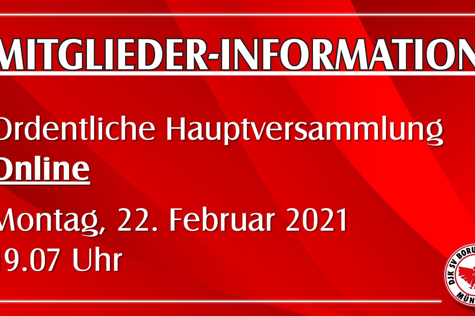 Mitgliederinformation zur Online-Hauptversammlung am 22. Februar 2021 um 19:07 Uhr auf rotem Hintergrund.