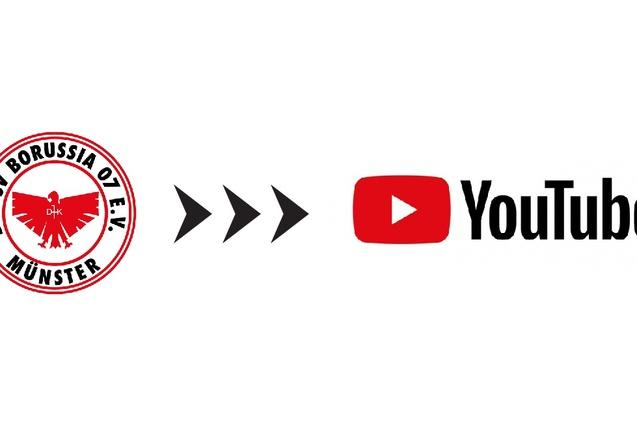 Logo des DJK SV Borussia O. d. E.V. M&uuml;nster links, gefolgt von einem Pfeil zu YouTube-Logo rechts.