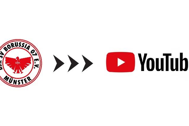Logo des DJK SV Borussia O. d. E.V. M&uuml;nster links, gefolgt von einem Pfeil zu YouTube-Logo rechts.