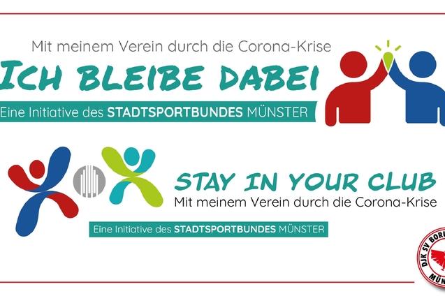 Plakat zur Initiative &bdquo;Ich bleibe dabei&ldquo; des Stadtsportbundes M&uuml;nster mit farbigen Figuren und Text in Deutsch und Englisch.