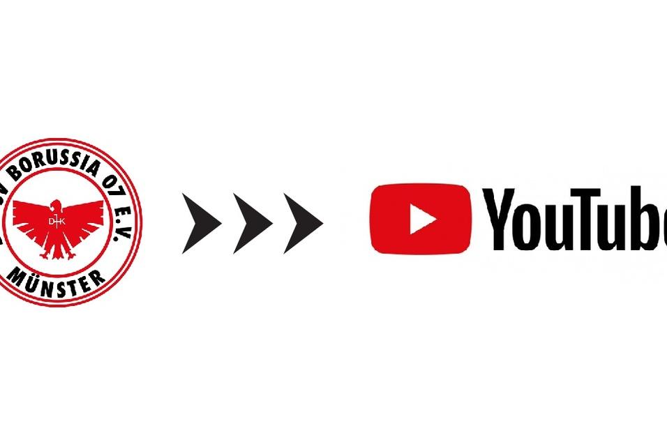 Logo des DJK SV Borussia O. d. E.V. M&uuml;nster links, gefolgt von einem Pfeil zu YouTube-Logo rechts.