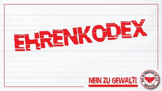 Roter Schriftzug „EHRENKODEX“ auf einem linierten Hintergrund, darunter „NEIN ZU GEWALT!“ und ein Vereinslogo.
