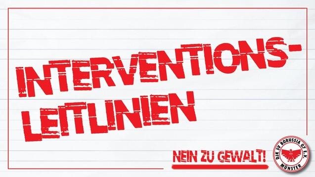 Rotes Poster mit dem Text „INTERVENTIONS-LEITLINIEN“ und „NEIN ZU GEWALT!“ auf weißem Hintergrund.
