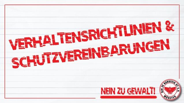 Rotes Layout mit Text: "Verhaltensrichtlinien & Schutzvereinbarungen" und "Nein zu Gewalt!" auf kariertem Hintergrund.