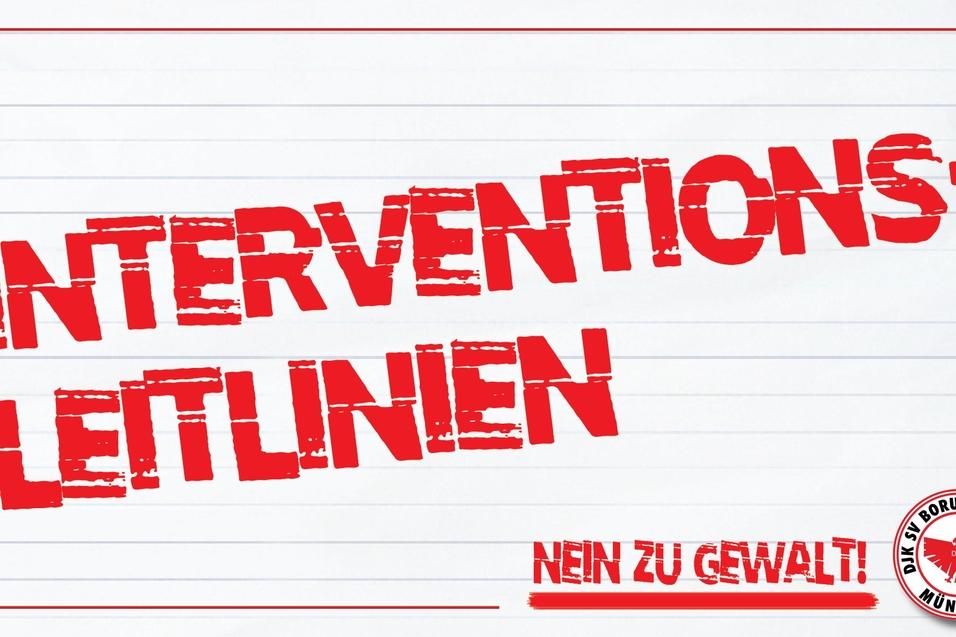 Rotes Poster mit dem Text &bdquo;INTERVENTIONS-LEITLINIEN&ldquo; und &bdquo;NEIN ZU GEWALT!&ldquo; auf wei&szlig;em Hintergrund.