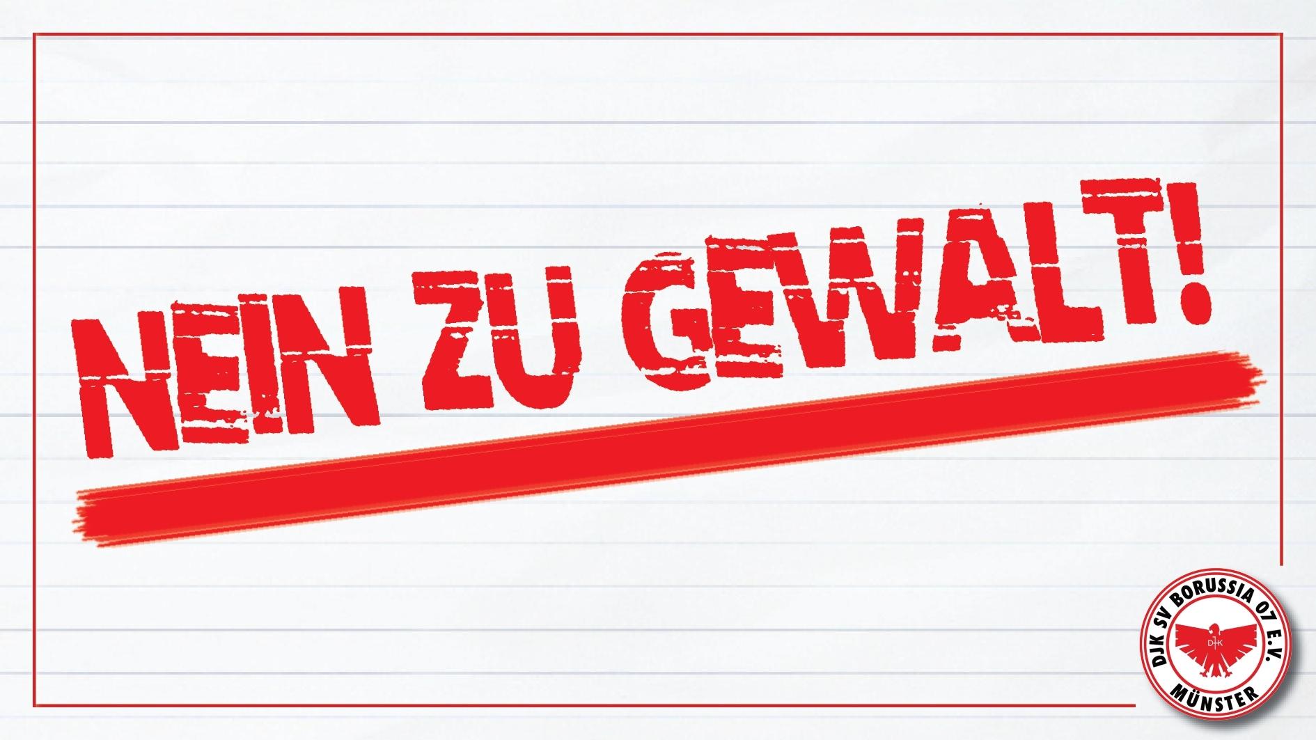 Plakat mit der Aufschrift „NEIN ZU GEWALT!“ in roter Schrift auf karierter Hintergrund mit Logo von Borussia Münster.