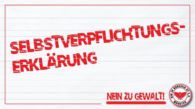 Selbstverpflichtungserklärung auf linierten Papier mit rotem Text und Slogan "NEIN ZU GEWALT!". Logo in der Ecke.