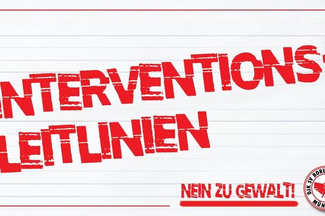 Rotes Poster mit dem Text &bdquo;INTERVENTIONS-LEITLINIEN&ldquo; und &bdquo;NEIN ZU GEWALT!&ldquo; auf wei&szlig;em Hintergrund.